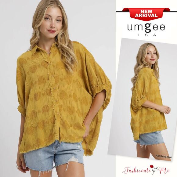 Umgee Jacquard Heart Pattern Raw Hem Collared Neck Oversized Shirt | Golden Kiwi - Picture 1 of 7